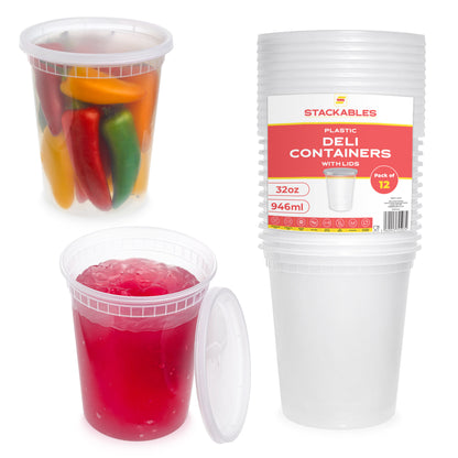 12-Pack 32 oz Clear Round Plastic Deli Containers with Lids