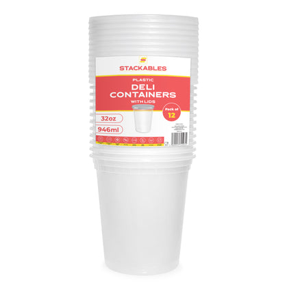12-Pack 32 oz Clear Round Plastic Deli Containers with Lids