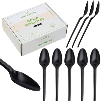 150 Pack Black CPLA Compostable Spoons - 15cm (5.9")
