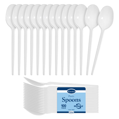 100-Pack White Plastic Spoons - Durable and Reusable